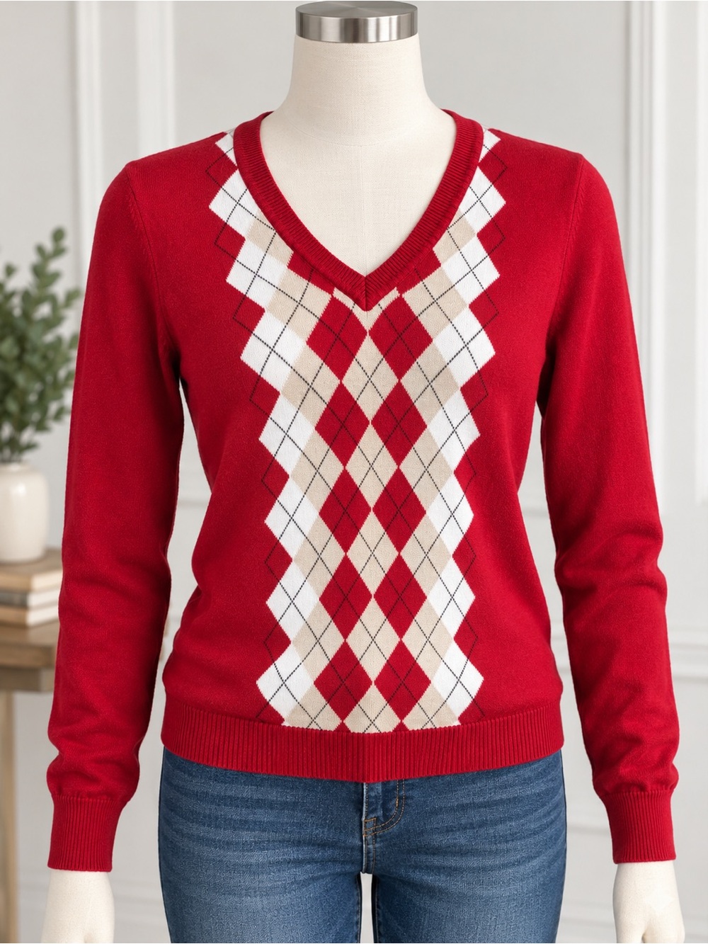 Tommy Hilfiger Red Argyle V-Neck Sweater